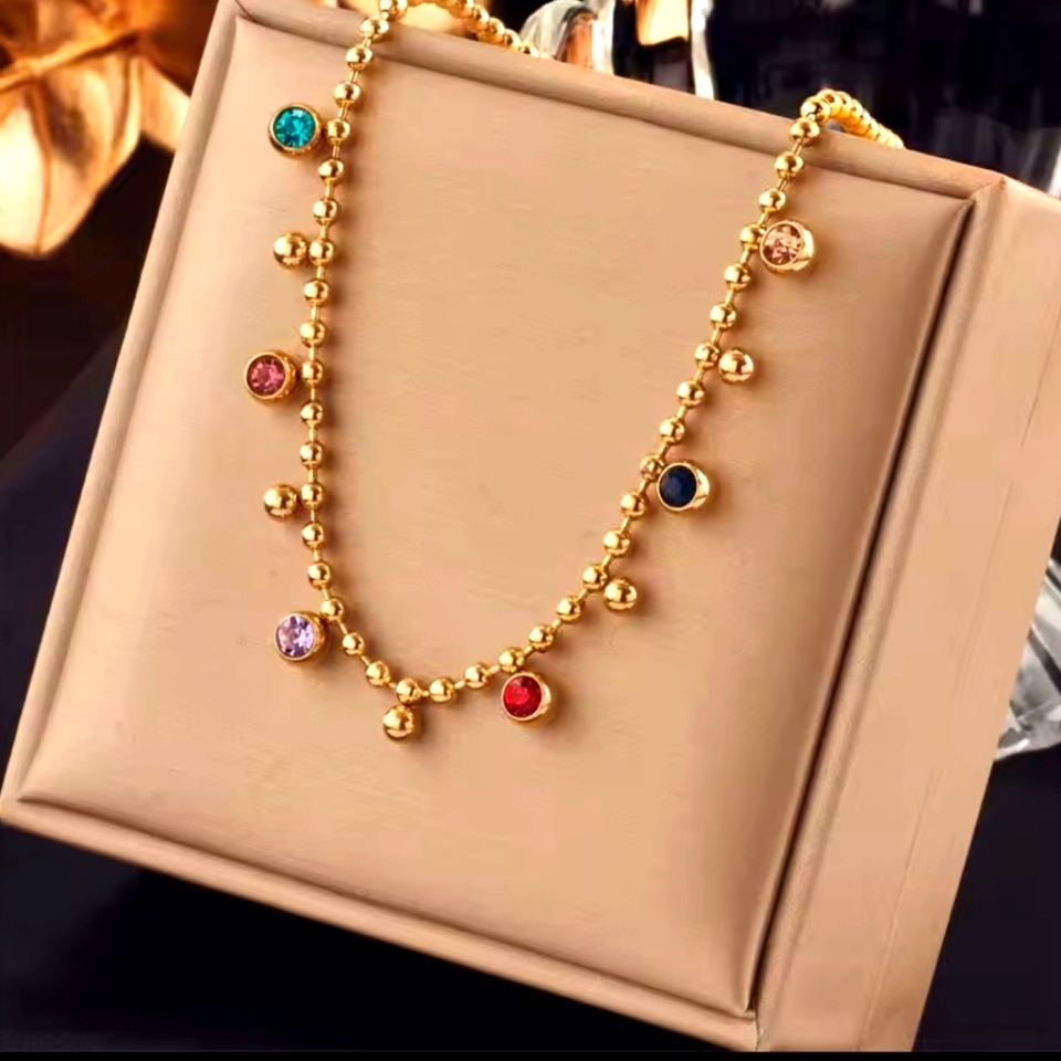 Elegant Gold Necklace With Multicolor Gemstones 10$